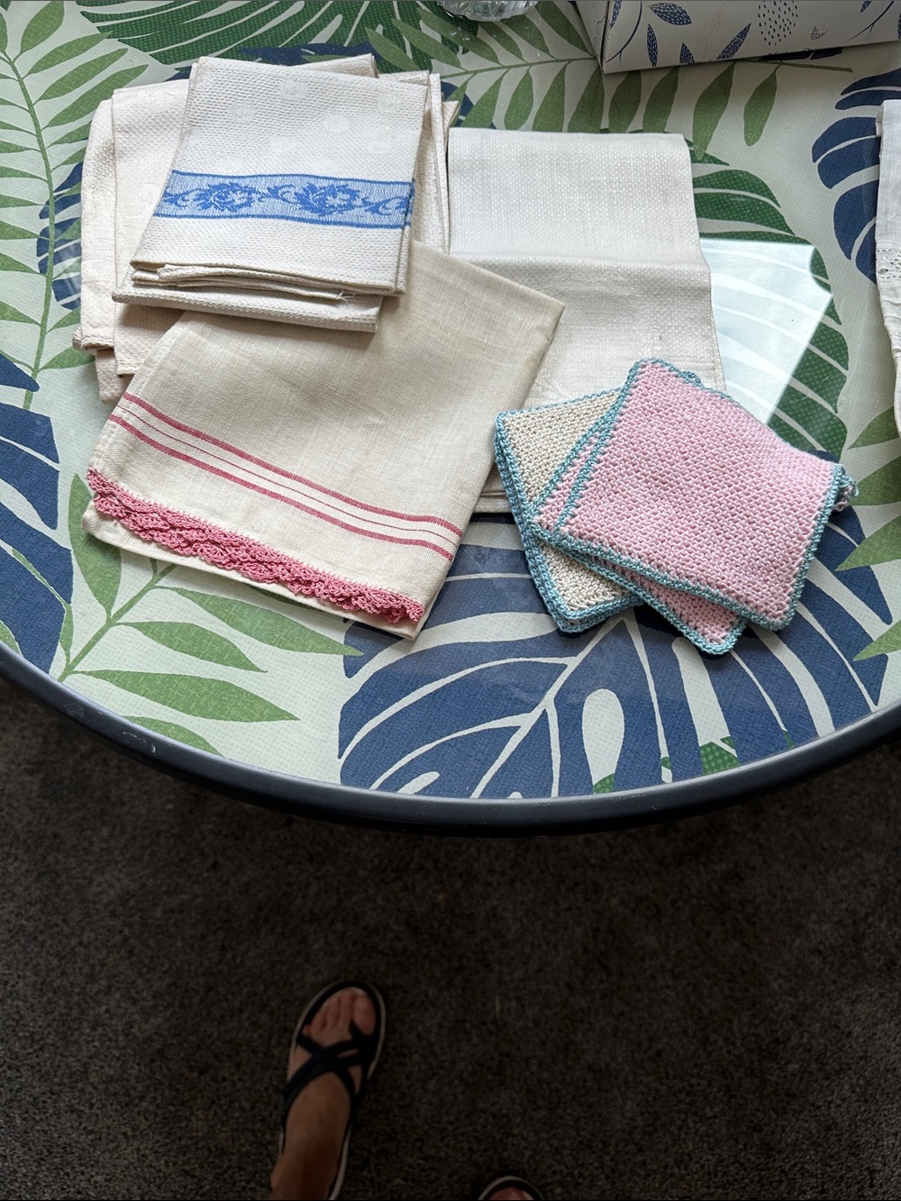Classic Cotton Dish Towels and Knit Dishcloths - Pink and Cream